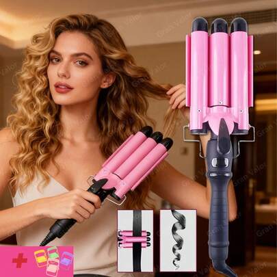 3 piezas Rizador de pelo, rizador de pelo, rizador de pelo de, grado, rizador de pelo eléctrico de calentamiento rápido, herramienta rizadora de pelo dorada peinado