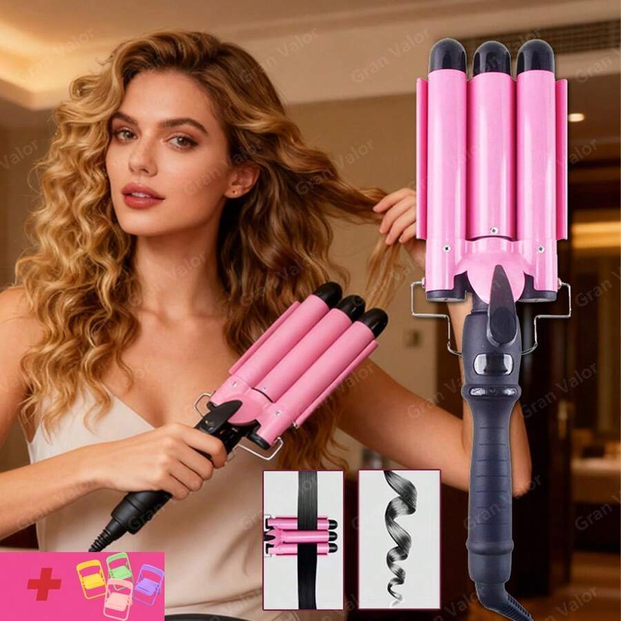 3 piezas Rizador de pelo, rizador de pelo, rizador de pelo de, grado, rizador de pelo eléctrico de calentamiento rápido, herramienta rizadora de pelo dorada peinado