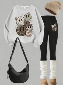 2pcs Set Girl Adorable Smiling Face Print Sweatshirt Set, Soft And Skin-Friendly, Autumn & Winter Daily Streetwear - Grey - View 1