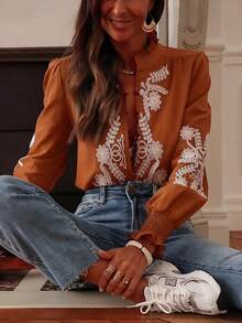 Women's Casual Vacation Embroidered Single-Breasted Loose Shirt Spring - Rust Brown - View 4