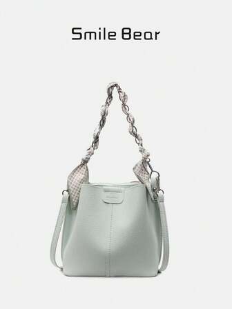 女士PU皮革水桶包，链条装饰，斜挎包