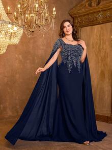 UNITHORSE 女士方领超长袖刺绣修身亚麻针织晚礼服 - 藏蓝色 - 查看 1