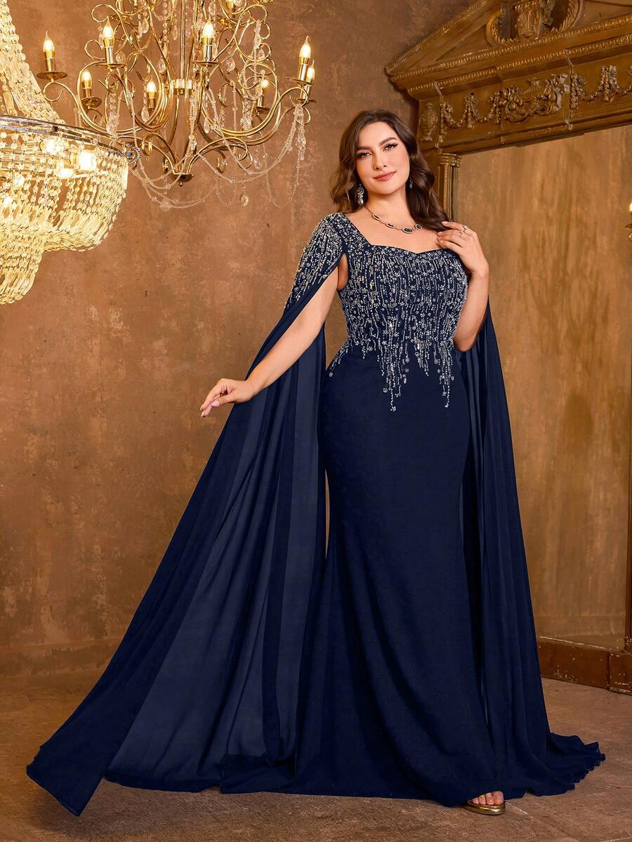 UNITHORSE 女士方领超长袖刺绣修身亚麻针织晚礼服 - 藏蓝色 - 查看 1