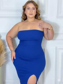 Sexy Plus Size Blue Dress With Premium Ribbed Knit Fabric And Leg Slit - 藍色 - 查看 4