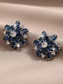 1pair Exquisite Flower Shape Charm Stud Earrings Full Inlay Cubic Zirconia Women Earring For Spouse, Friend Engagement Wedding Birthday Party Decoration Copper Jewelry - Flower - View 15