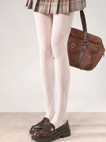 1pc Spring/Autumn Grey System Milky White/Coffee/Black Diamond Lattice Pantyhose, Autumn Outer Wear Leggings, JK Hollow Diamond Design System Versatile High Elasticity, Anti-Snag Pantyhose, White Stockings Sexy Minimalist Sexy Slimming Fishnet Tights - Multicolor - View 4