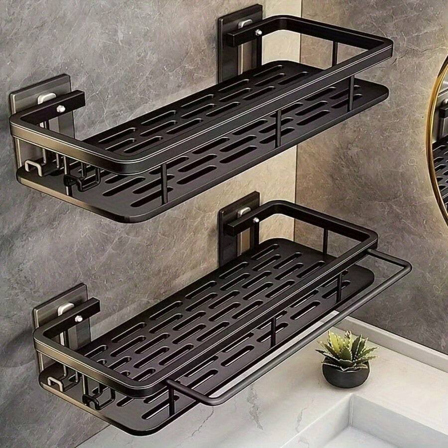 2 piezas/1 pieza Estantería de pared negra con 2 ganchos - Plástico resistente sin taladro, instalación con adhesivo/tornillo, estantería de almacenamiento para baño y cocina que ahorra espacio, sistema de estantería de almacenamiento para ducha, estantería de múltiples compartimentos para artículos de tocador, cosméticos, esenciales - Multicolor - Ver 1