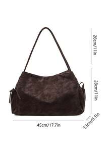 1 件复古优雅慵懒风大容量字母压纹工艺装饰仿麂皮单肩手提包，带抽绳细节，秋冬百款通勤女包，适合购物和通勤 - 咖啡 - 查看 9