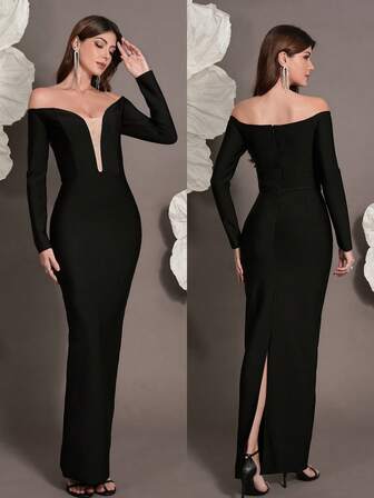 Vestido de punto ajustado de manga larga, elegante vestido de cóctel para mujer