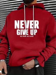 Men's Motivational Hoodie, NEVER GIVE UP Print Pullover For Gym & Casual, Red Fall/Winter Sweatshirt With Front Pocket, Soft Comfortable Fit Active Streetwear - crimson - 查看 9