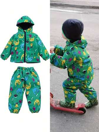 2pcs Boys Fleece Hooded Jacket Set, Casual Dinosaur Print Zip-Up Hoodie And Pants Outfit, Outdoor Clothing For Boys, Suitable For Autumn, Winter