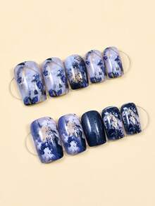 24片星夜银河深蓝色大理石纹短款按压式美甲贴片，带金色亮片和闪亮闪粉 - 寶藍色 - 查看 3