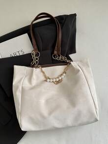 Fashionable Leopard Print Pearl Chain Handbag - Women's Large Capacity Shoulder Bag - Zipper Tote Bag For Daily Use - Metal Chain Leopard Print Pattern Tote Bag, Back To School Student Bag, Retro High-End Feeling Women Bag With Wide Strap Crossbody Bucket Bag Large Capacity Shoulder Tote - Beige - View 7