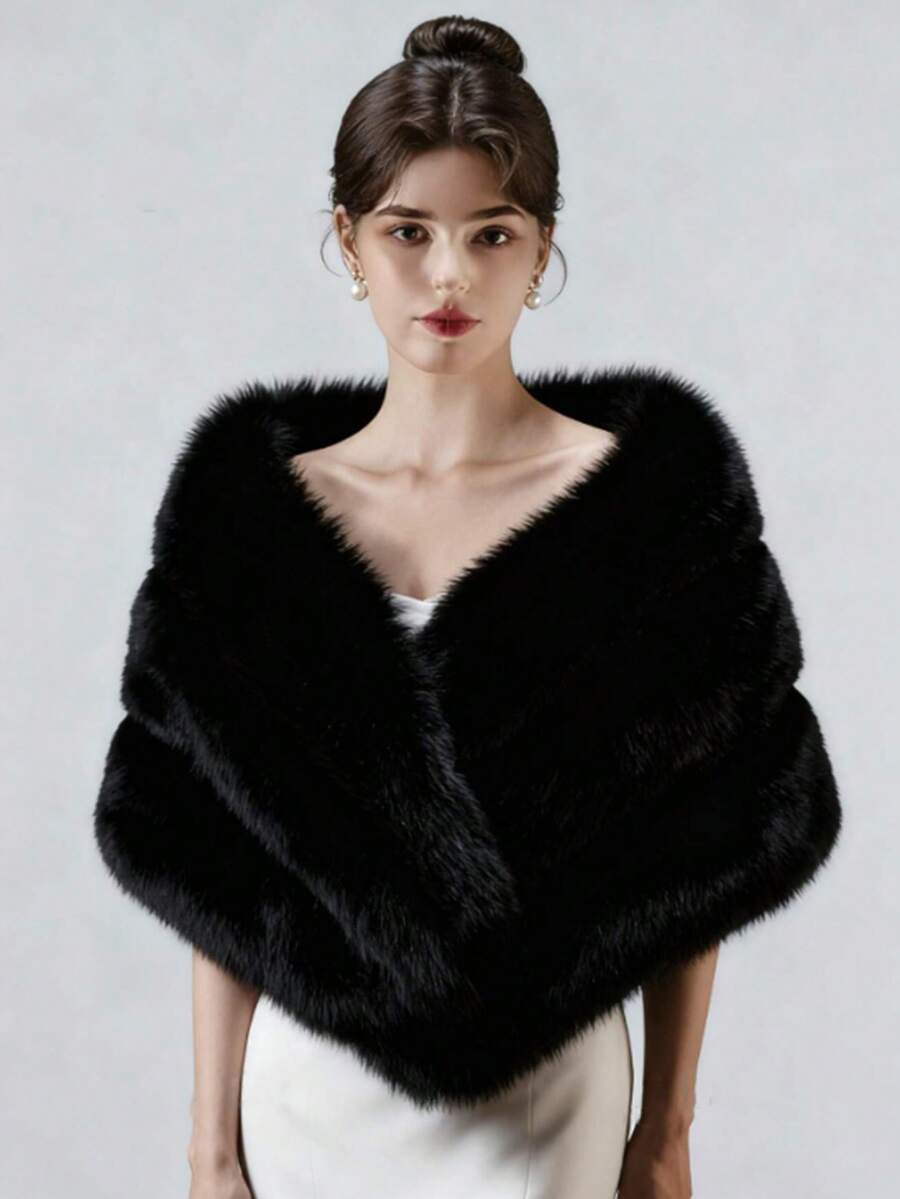 Elegant & Fashionable Women's Bridal Wedding Party Outdoor Autumn/Winter Windproof Warm Faux Fur Shawl - Black - View 1