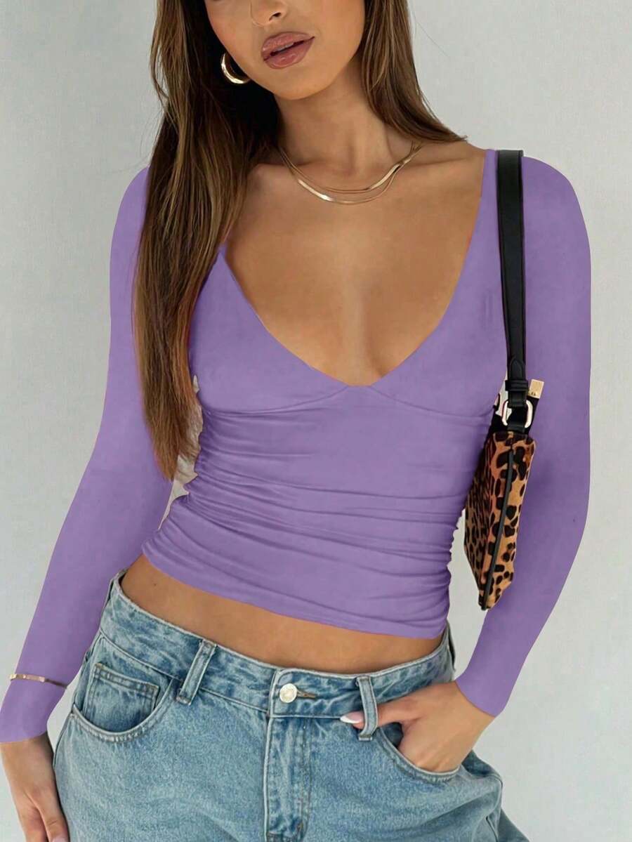 Fashionable Sexy V-Neck Tight Fit Long Sleeve Base Layer Top, Spring/Summer New Arrival Casual - Violet Purple - View 1