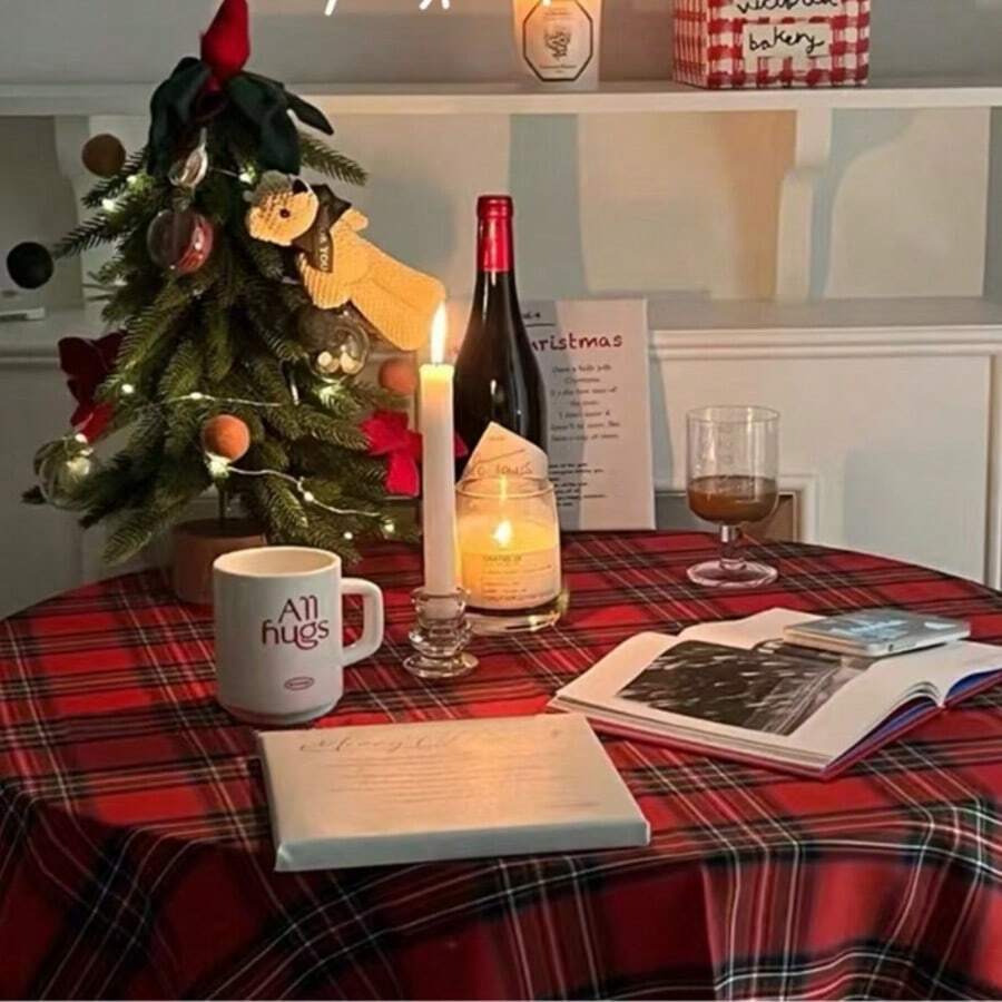 1. クリスマステーブルクロス、赤と緑のチェック柄生地、アメリカンスタイルのダイニングテーブル、コーヒーテーブル、デスク、花柄生地。 - レッド - チェックする 1