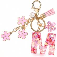 Llavero de Moda Letra Inicial, Llavero con Inicial de Resina, Dije para Bolso Mochilas, Regalo Personalizado para Mujer - Rosa + M - Ver 1