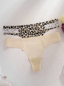 5pcs/Set Comfortable Skin-Friendly Lace Trim Sexy & Sweet Leopard Print Seamless Thong Panties For Women - Multicolor - View 3