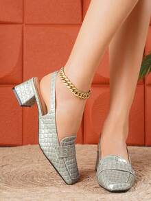 2025新款法式绑带高跟鞋，粗跟包头凉鞋，方头露跟中跟鞋，夏秋款 - 銀色 - 查看 4