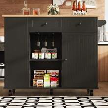 Kitchen Island With Removable Partitions, Kitchen Cabinet, Dining Trolley With Worktop, Sideboard, Dining Trolley With Wood Grain Finish, Equipped With Snack Holder And Wine Glass Rack, Black - Black - View 6