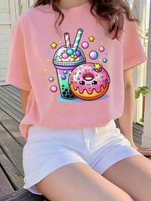 Tween Girl Cartoon Print Loose Fit Short Sleeve Top - Pink - View 1