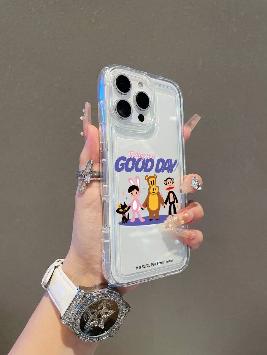 官方授权 Paul Frank 透明气垫手机壳，全包覆猴脸图案保护，带摄像头盖，猴头条纹背景图案，全新设计，兼容 13/14/15/16/17 Pro Max - 彩色 - 查看 1