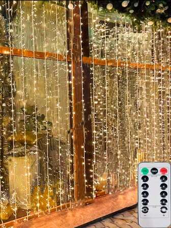 1pc Window Curtain Lights, 300 LED Fairy String Lights With Remote Control, 8 Modes USB Powered Bedroom Window Curtain Party Christmas Decoration, Indoor Outdoor Halloween (300 LEDs-Warm White)
