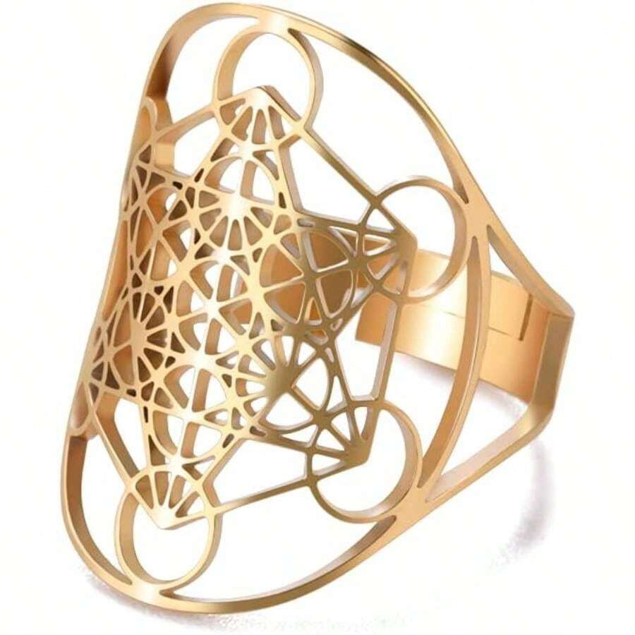 Metatron - Stainless Steel Ring For Women, Archangel Design, Metatron, Hollowed-Out Protection Statement, Stainless Steel Ring - 空氣 - 查看 1