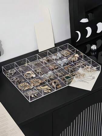 1pc 24 Compartment Transparent Jewelry Box, Durable PS Material Storage Box For Jewelry, Crafts, Earrings, Rings, Necklaces, Bracelets, Pendants, Suitable For Home, Counter, Mall Display, No Dust Cover