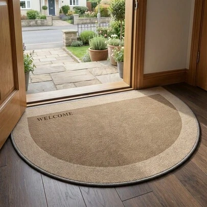 1件装可水洗简约迎宾半圆形绒面门垫，适合室内使用，耐磨，易清洁，可机洗，轻质涤纶半圆形地垫，主要用于前门/后门、卧室、餐厅、书房、入口处，采用优质绒面材质，个性化家居装饰，时尚家居装饰，新年礼物，平台畅销产品。整体厚度0.5厘米-0.7厘米。走廊地毯，小地毯