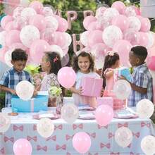 50 piezas de globos de 12 pulgadas con estampado de lazos en rosa y blanco transparente, decoraciones de globos lindos para fiesta de bautizo de bebé, fiesta de princesa, cumpleaños de niña, despedida de soltera, fiesta con tema de lazos, revelación de género, ducha nupcial, boda, Día de San Valentín, Día de la Madre, aniversario - Rosa - Ver 4