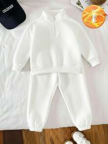 Set de 2 piezas de sudadera con cremallera y pantalón de chándal de manga larga para niña/niño en otoño/invierno, de moda, piel amigable, suave y cómodo - Blanco - Ver 1