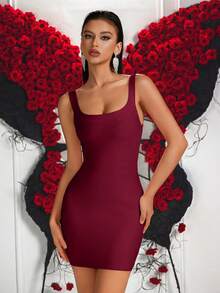 优雅粗肩带方领高腰露背短款绷带派对礼服，适合舞会、生日派对、正式晚宴、约会、返校节、婚礼宾客、鸡尾酒会、家庭聚会等场合。 - 酒紅色 - 查看 6