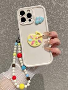 Cute Palette & Smiling Cloud Decor Solid Color Soft Phone Case With Detachable Colorful Beaded Dog Charm, Suitable For IPhone 17/17 Pro/17 Air/17 Pro Max, 16/15/14/13/12/11/Pro/Pro Max/Plus, S25 Ultra/S25 Plus/S25, S20/S21/S22/S23/S24/Ultra/Plus/FE, Phones - Fashionable Phone Case - White - View 1