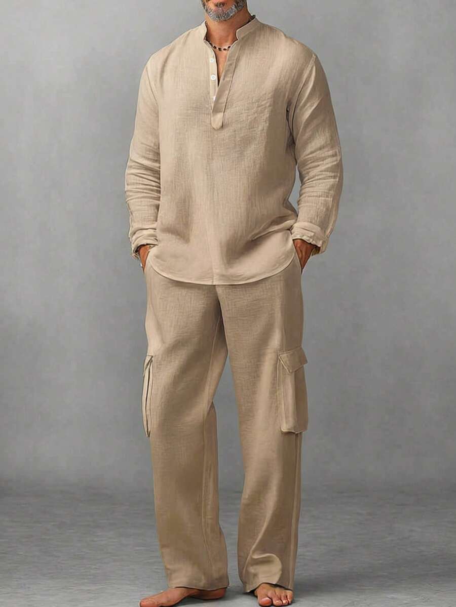 男士轻薄透气休闲纯色立领长袖衬衫，袖口设计，宽松薄款，搭配纯色长裤，适合外出和通勤，两件套 - 杏色 - 查看 1