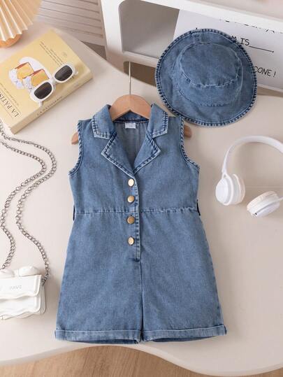 Set de 2 piezas: Mono sin mangas con cuello de solapa de estilo casual y chic + Sombrero de cubo para niñas, adecuado para uso diario, al aire libre, escuela, ir y venir