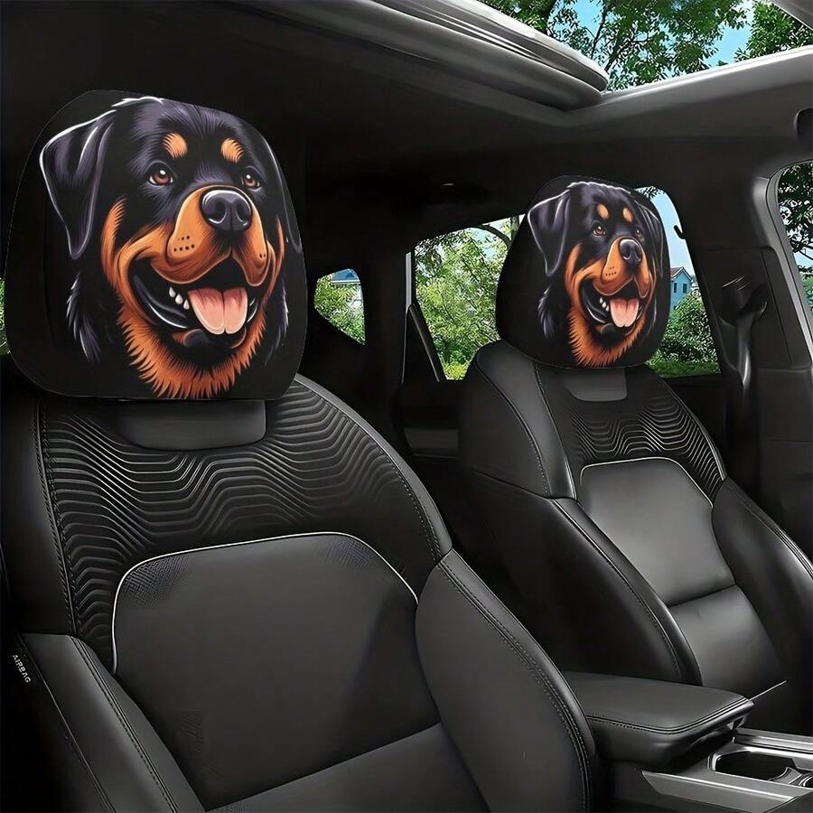 Set Of 2 Fun Car Headrest Covers - Featuring Expressive Dog Designs, No Filling Required, Quick Installation, Fits All Cars, SUVs, And Trucks - Perfect For Halloween, Christmas, And Everyday Decoration - Unisex Fun Car Interior Accessory - Easy Clip-On Installation - Chó Rottweiler - Xem 1
