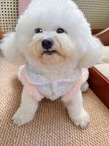 1件粉色毛绒蝴蝶结连衣裙，秋冬宠物卫衣，猫狗毛绒保暖外套，宠物服装，小型犬公主裙