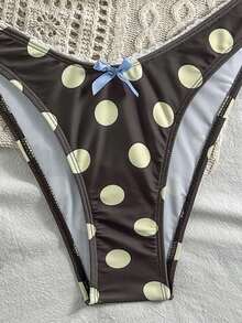 Sexy & Playful Blue & Yellow Polka Dot Bikini Set 2pcs - Bandeau Top With Purple Straps & Bow Detail + Low-Rise Brief | Beach Vacation Swimwear For Women - Yellow Polka Dots - View 6