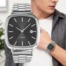 Men's Business Square Case Steel Band Calendar Quartz Wrist Watch - Black - View 1