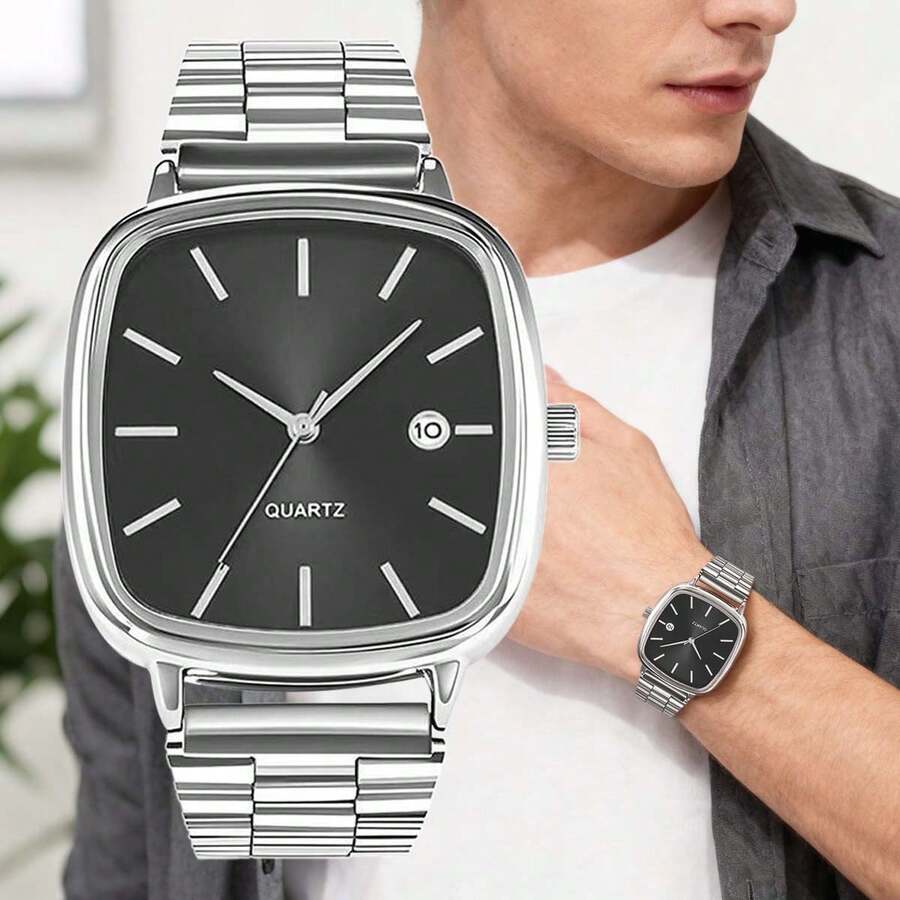 Men's Business Square Case Steel Band Calendar Quartz Wrist Watch - Black - View 1