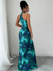 HOMEYEE 女士优雅性感镂空荷叶边印花鸡尾酒会长裙，适合度假婚礼春季穿着 - 寶藍色 - 查看 6