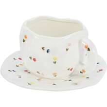 Ceramic Coffee Mug With Saucer Set, Cute Creative Cup Unique Irregular Design For Office And Home, Dishwasher And Microwave , 10 Oz/300 Ml For Latte Tea Milk (Red Heart) - Colorful Tulips - 查看 1