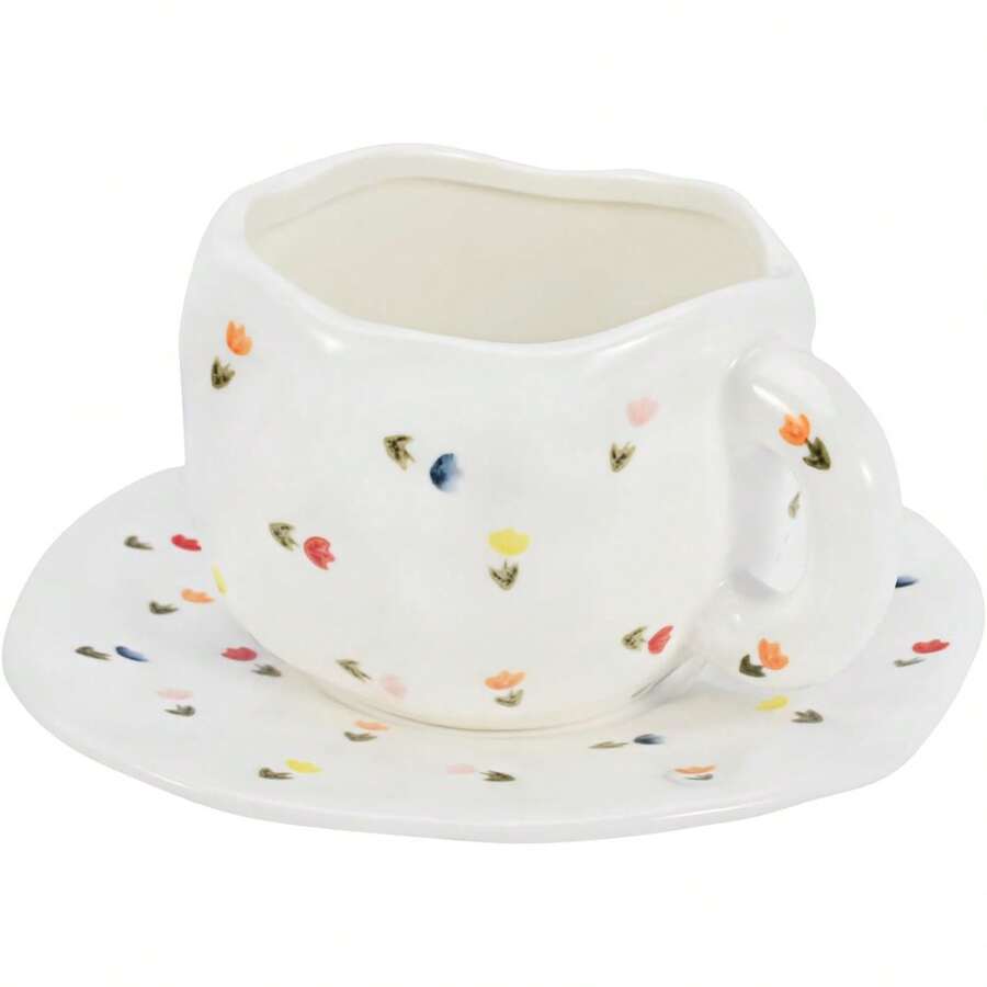 Ceramic Coffee Mug With Saucer Set, Cute Creative Cup Unique Irregular Design For Office And Home, Dishwasher And Microwave , 10 Oz/300 Ml For Latte Tea Milk (Red Heart) - Colorful Tulips - 查看 1