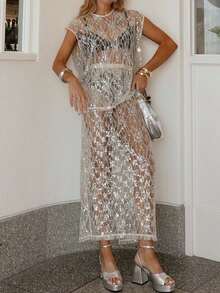 Womens Two Piece Skirt Outfits Mesh Sheer Sleeveless Y2K Going Out Top With Long Skirt Summer Sparkly Sequin Maxi Skirt Sets Party Clubwear - trắng - Xem 1