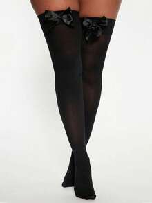 一双性感过膝长筒袜，饰有黑白蝴蝶结。时尚百搭，完美适用于情人节、圣诞派对装饰、舞台表演、角色扮演、各种活动和派对。Y2K风格，舒适保暖。 - 多色 - 查看 4