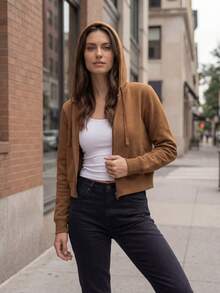 DEVIT - Sudadera con Capucha Crop Recortada de Mujer, Cremallera Frontal Completa y Cordones, Manga Larga, Casual, Moda Deportiva, Ajuste Holgado, Invierno, Otoño, Colores Negro, Oxford, Camel, Fiusha, Verde Militar y Lila. - Camel - Ver 9