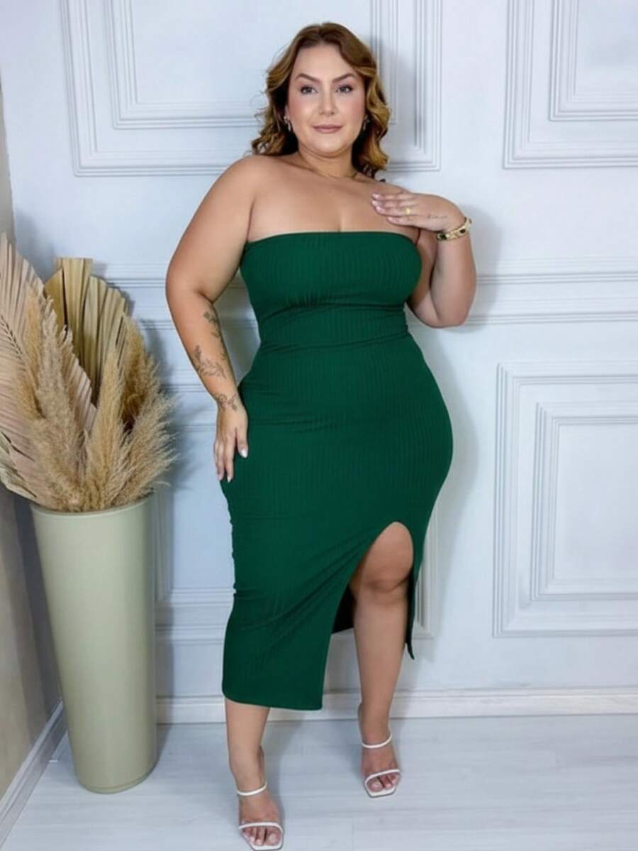 Sexy Green Plus Size Premium Ribbed Dress With Leg Slit - 墨綠色 - 查看 1