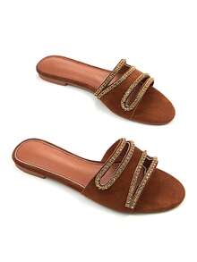 Women's Fashion Gold Crystal Rhinestone Thin Strap Chain Hollow Decor Brown Faux Suede Comfortable Round Toe Casual Party Flat Mule Sandals