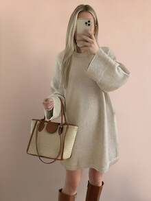 女秋冬韩版优雅宽松毛衣裙灰色圆领长袖简约休闲舒适穿着适合日常外出 - 淺卡其 - 查看 8